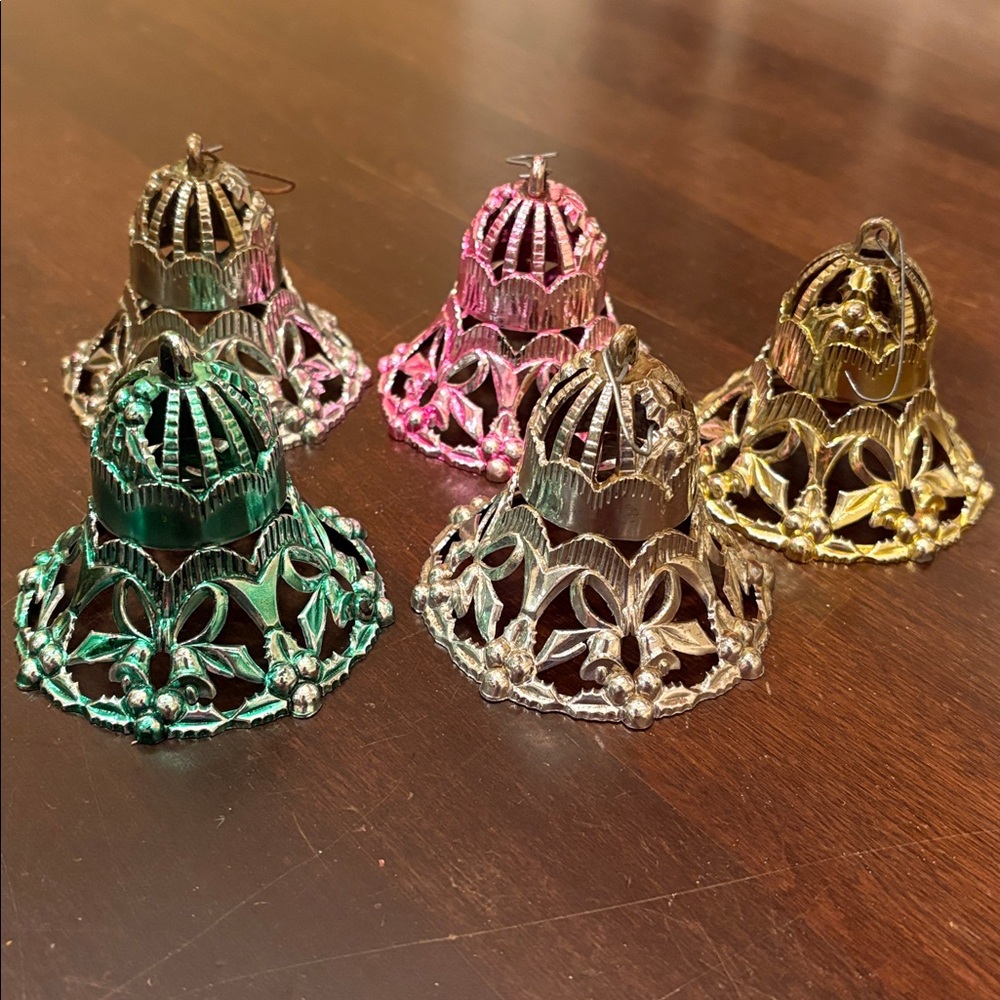 5 Vintage Bradford Filagree Plastic Bell Christmas Ornaments